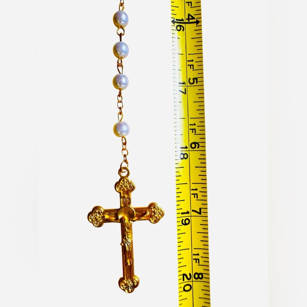 Vtg Rosary Cross Necklace & Bracelet NRI Faux Pearl Gold Tone Italy Religious. - Picture 11 of 11